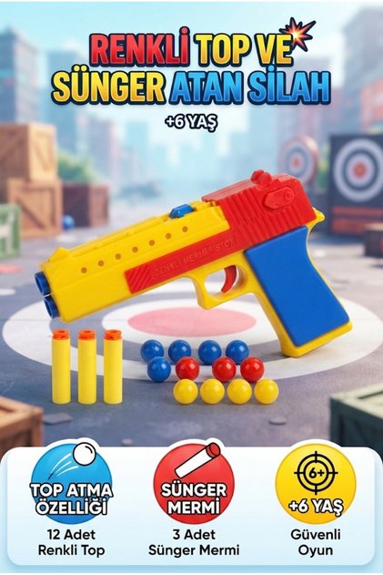 Renkli ve Hızlı Desert 12 Renkli Top ve 3 Sünger Dartlı Oyuncak Oyun Seti