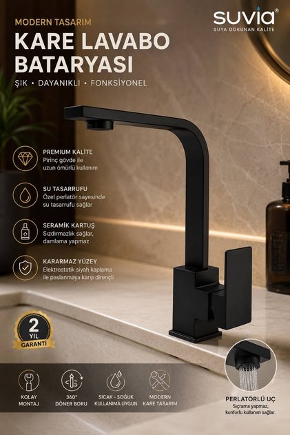 Sink Faucet Black Square 360 ° Swivel Spout Bathroom Faucet Brass Body 2 Years Warranty
