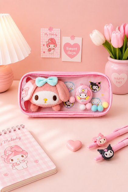 Cute Rabbit My Melody Melodyyy Patterned Ita Bag Pencil Case Transparent Pencil Case with Plush Figure Zippered Pen Holder Badge Plush Toy