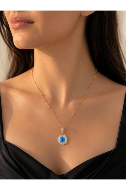 Stainless Steel Evil Eye Beaded Stone Necklace – Gold Color – 45 cm
