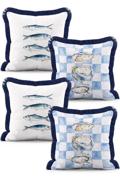 Fish and Oyster Patterned Blue Checkerboard Printed 4-Piece Fringed Throw Pillow Cover Set