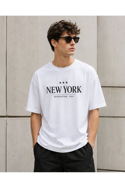 Unisex Black Oversize T-Shirt Short Sleeve Summer Combed Cotton Summer T-Shirt Minimal New York Printed Black Oversize T-Shirt