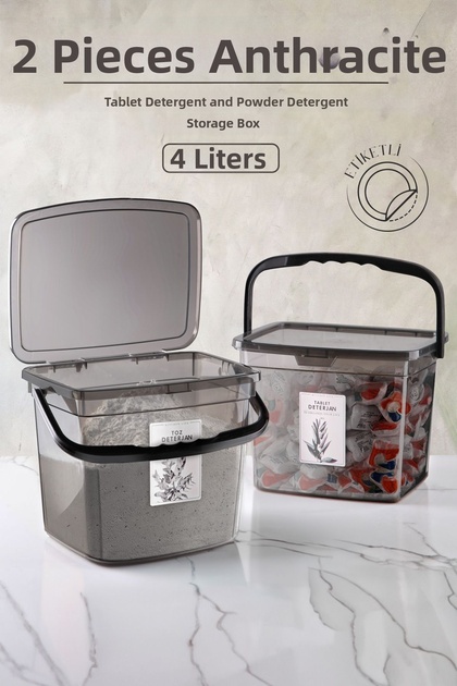 Mega Size 2-Piece Square Powder Tablet Box (4 Liters) - Detergent Storage Box with Handle, 2 Pieces