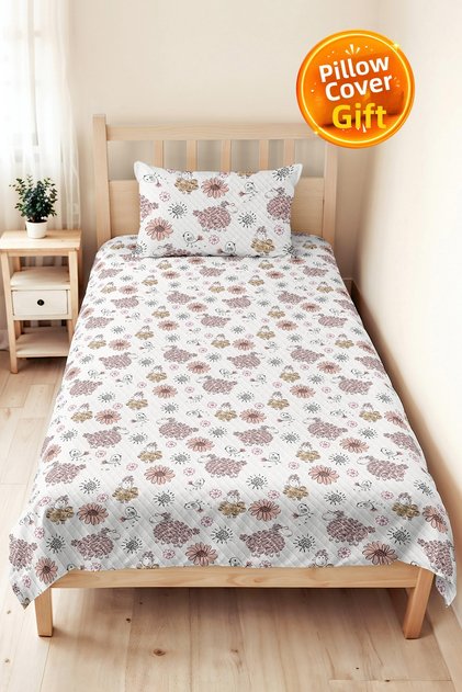 Lamb and Flowers Young Girl Pique Set - Linear Pink Ecru Children's Room Bedspread - 160X220 cm