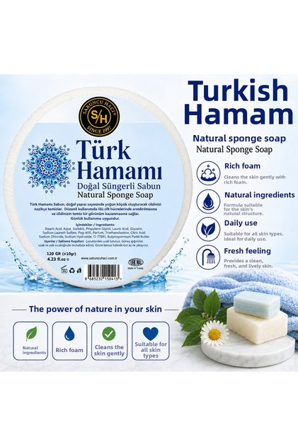 Turkish Bath Natural Soap with Sponge 120-140 Gr 1 Piece
