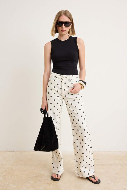 Çok Renkli Puantiye Baskılı Yüksek Bel Wide Leg Jeans TWOSS26JE00314