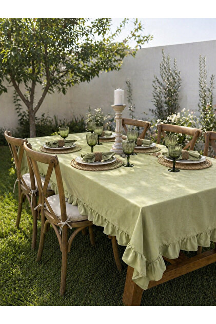 Pearl Velvet Textured Pistachio Green Ruffled Tablecloth