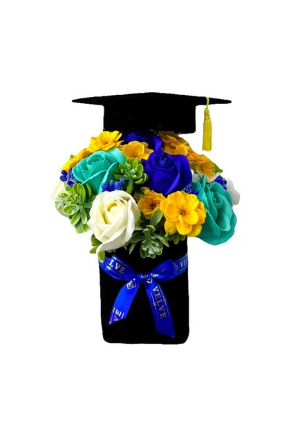Aranjament floral pentru absolvire, in cutie rotunda cu trandafiri si plante artificiale, albastru