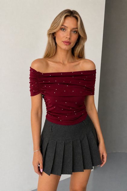 Diver Fabric Burgundy Madonna Collar Stoned Crop