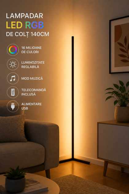 Lampadar LED RGB de Colt 140cm, Telecomanda, USB, Lumina Ambientala Reglabila, Moderna Neagra
