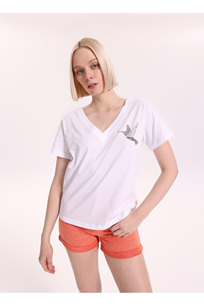 Fabrika Kırık Beyaz Kadın Regular Fit Baskılı T-Shirt F6SL-TST0298