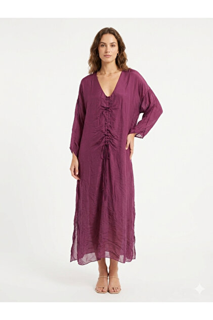 Italian Burgundy Collar Gathered Fold Long Sleeve Lined Long Silk Dress 38 - 44 Size