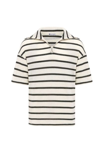 Oversize Striped Zippered Collar Knitwear T-Shirt