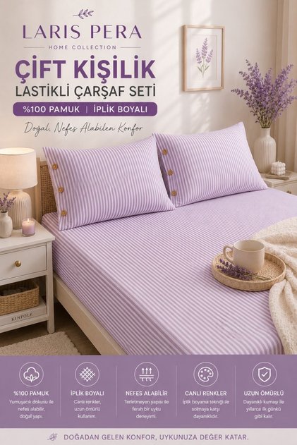 Double Elastic Sheet Set Cotton Yarn Dyed 180X200Cm Buttoned Pillowcase (50X70Cm2Pieces)Lilac