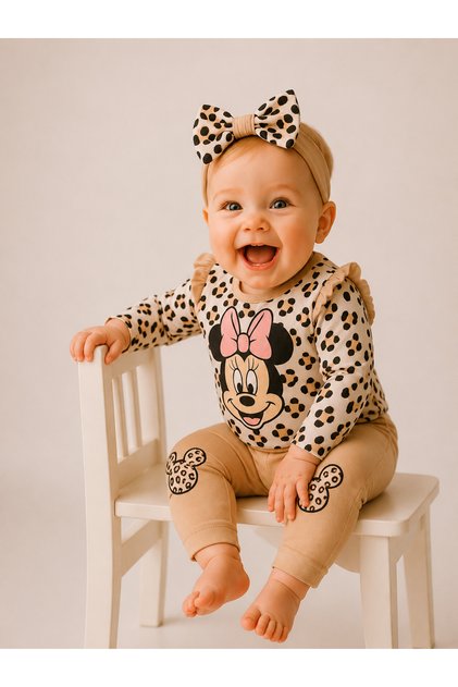 Leoparlı Mickey Mouse Baskılı Fırfırlı Saç Bantlı Kız Bebek 3'Lü Takım