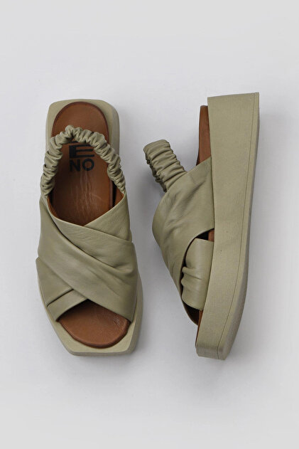 Khaki Leather Women's Wedge Heeled Sandals 01Wy5901
