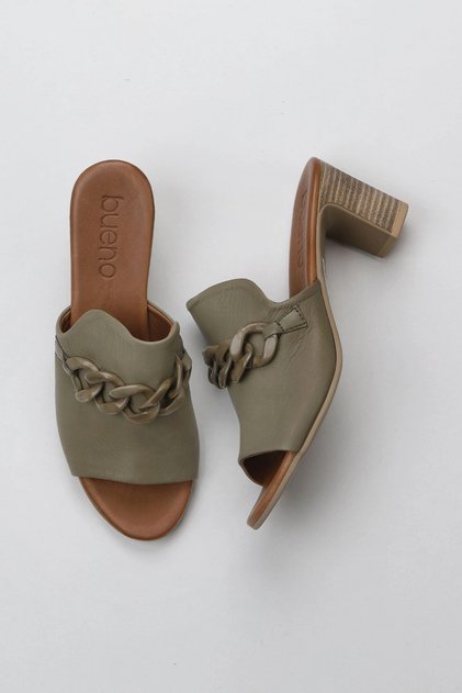 Green Leather Women's Heeled Slippers 01Wu9502