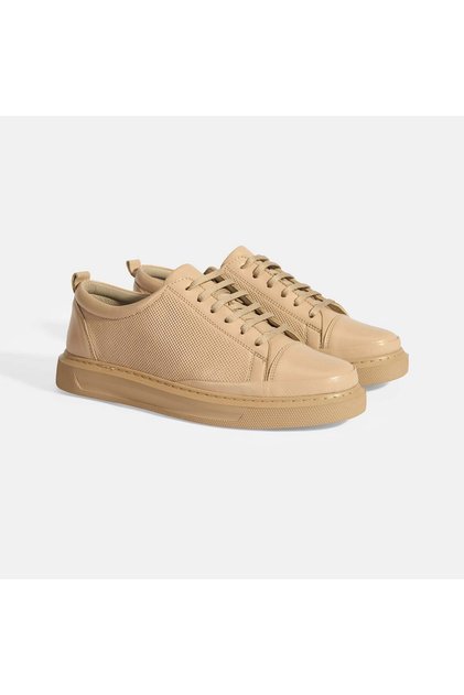Women's Beige Leather Lace-Up Sneakers