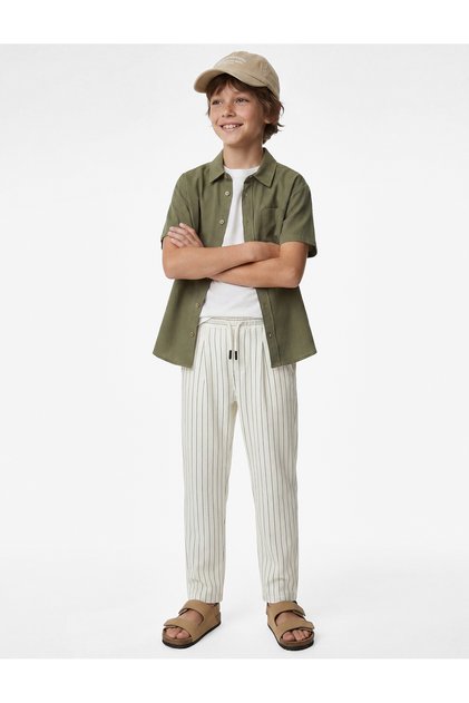 Comfortable Fit Striped Trousers with Belted Waist