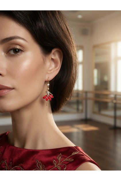 Gold Red Ballerina Design Earrings Nickel-Free Evening Elegance Summer Combination