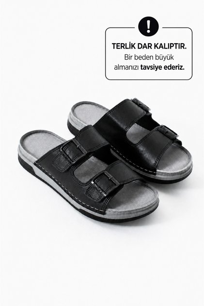 Erkek Deri(SUNİ) Ortopedik Çift Monta Taban Ayarlı Dikişli Şık Ev Dışarı Terliği (DAR KALIPTIR.)