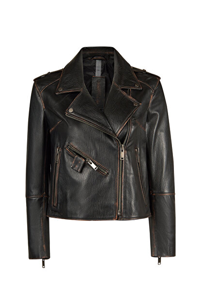 Derimod Oxford Kadın Siyah Biker Deri Ceket 26SGD5232JW - Fiyatı