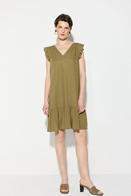 Linen Dress with Lace-Up Back and Ruffles - Khaki