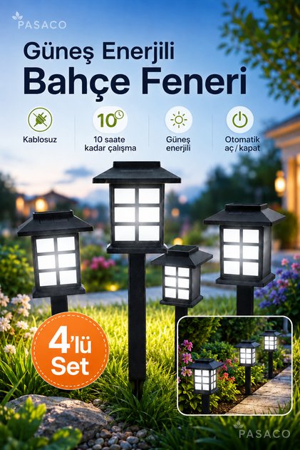 4’lü Set Güneş Enerjili Bahçe Feneri Solar Kablosuz Otomatik Yanan Çim Yol Lambası Beyaz Işık
