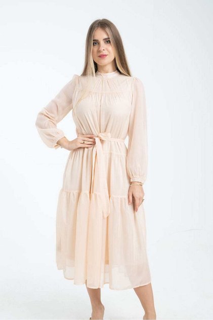 Plain Midi Dress with Layers and Long Sleeves for Women