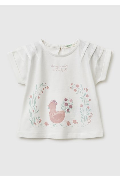 Baby White Water-Based Printed Embroidered Kimono Sleeve T-Shirt with Buttons on the Back
