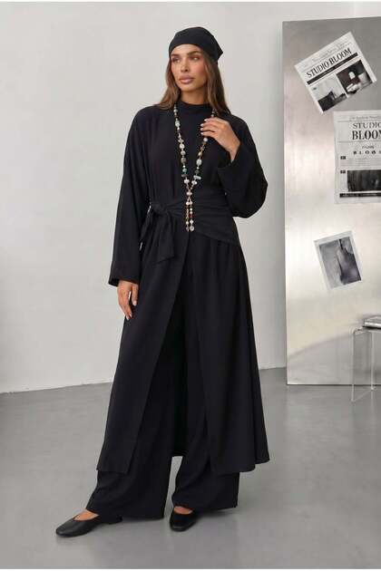 Women's Belted Kimono Tunic and Wide-Leg Pants 3-Piece Hijab Set