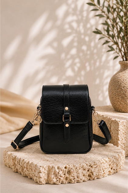 Women's Black Covered 2-Compartment Zippered Crossbody and Shoulder Bag 22X16 cm