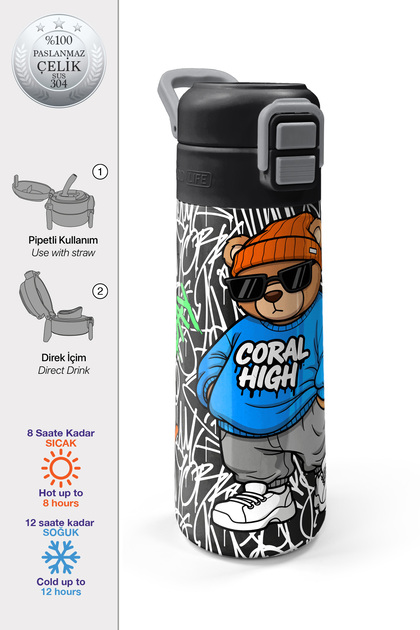 Kids Graffiti Teddy Bear Patterned Steel Thermos with Straw and Direct Drinking Feature 500 ml 38132