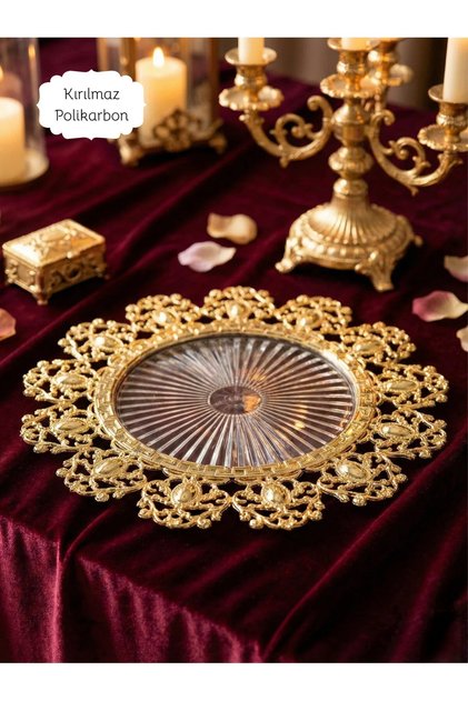 6 Adet Set Gold Detaylı Şeffaf Supla 30 cm - Lüks Amerikan Servis ve Yemek Masası Dekorasyonu
