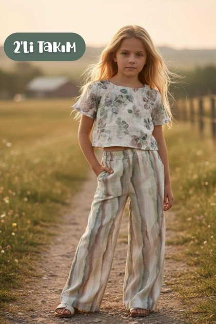 Girls Floral Patterned Blouse Tie Dye Patterned Casual Pants Set