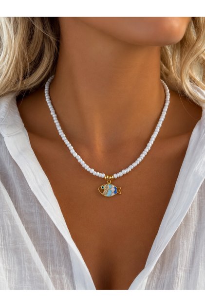 White Glass Beaded Fish Necklace | Fish Necklace | White Beaded Necklace | Blue Fish Necklace