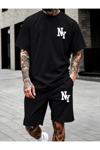 Men's Black Oversize Printed Shorts Set Casual and Sporty Style