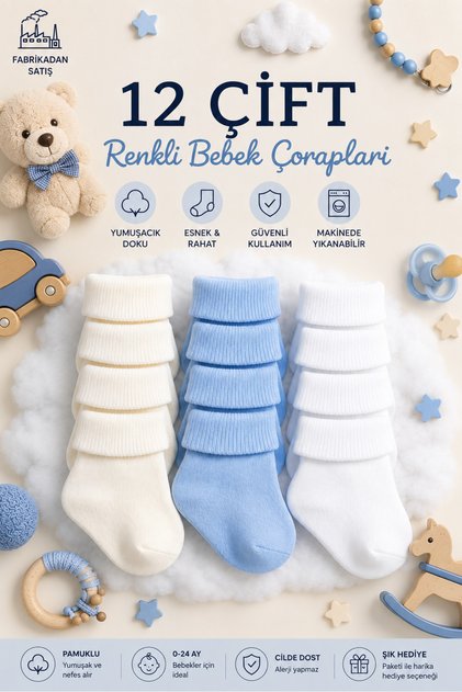 12 Çift 4 Mevsimlik Pamuklu Erkek Bebek Çorabı 0-6 Ay