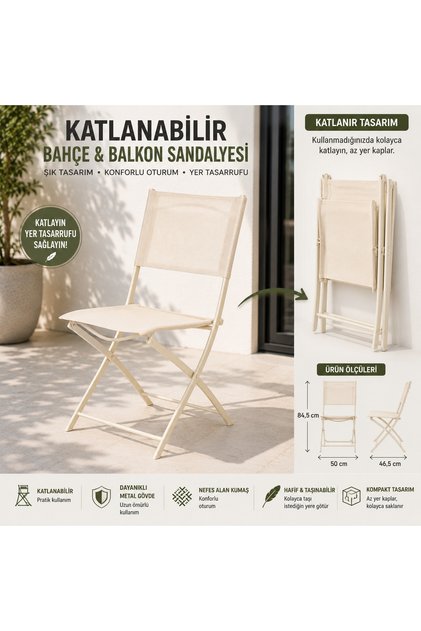 Katlanabilir Bahçe ve Balkon Sandalyesi Krem Renk Çelik Gövdeli Metal Katlanır Dış Mekan Sandalyesi 84,5x50x46,5 cm