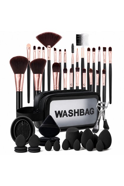 24Pcs Makeup Brush Set with Sponges, Puffs, Eyelash Curler, Storage Wash Bag, Black