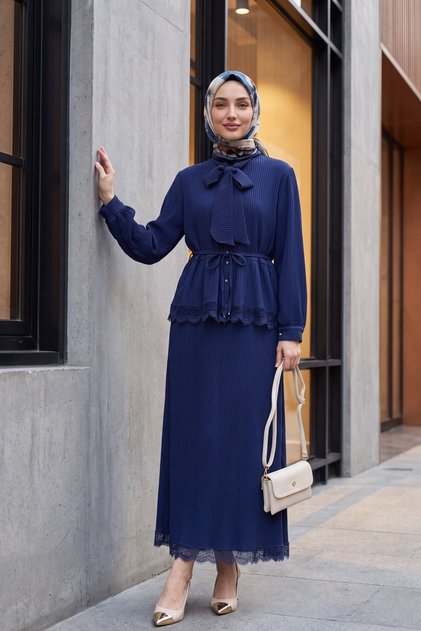 Lace Collar and Tie-Waist Skirt, Pleated Crepe Suit - Dark Blue
