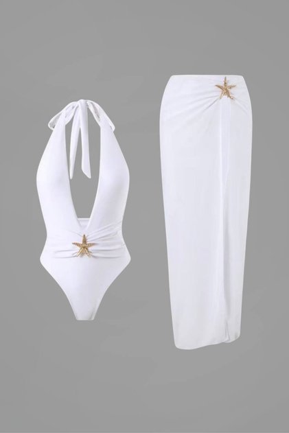 Star Detailled Swimsuit Pareo Set