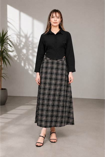 Women's Black Brown Plaid Patterned High Waist Pocket A-Line Midi Skirt -