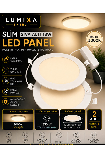 18W SLİM PANEL LED SPOT BEYAZ IŞIK İÇ ÇAP 17,5 CM DIŞ ÇAP 22 CM 1530 LÜMEN 2 ADET GÜNIŞIĞI 3000K