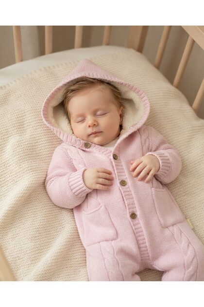 Kışlık Triko Bebek Tulumu, İçi Welsoftlu Düğmeli, Kapüşonlu 3-6-9-12 Aylık Kalın Peluş Tulum