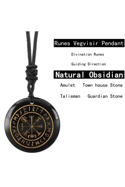 Obsidian Natural Crystal Mysterious Viking Compass Symbol Energy Pendant Guardian Fashion Style Men'