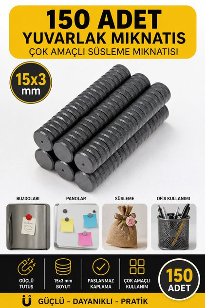 150 Adet 15x3 mm Yuvarlak Mıknatıs Güçlü Süsleme Magneti Çok Amaçlı