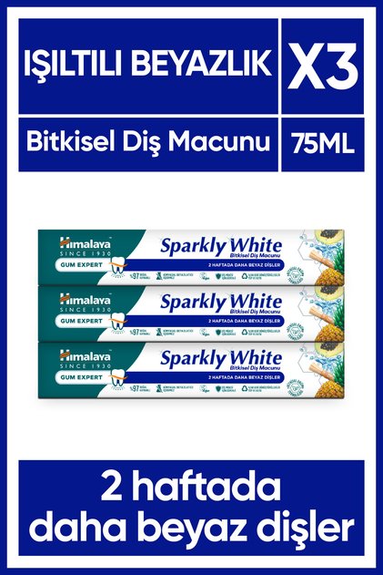 Sparkly White Beyazlatıcı Diş Macunu, Bitkisel, Vejetaryen, Florürsüz, Parabensiz, 75 Ml 3 Adet