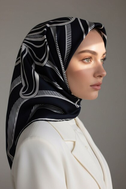 % 57 İPEK % 43 VİSKON Twill İpek Çizgili Çiçek Desenli Lacivert - Krem Renkli 90x90 Eşarp Dikim Şekl