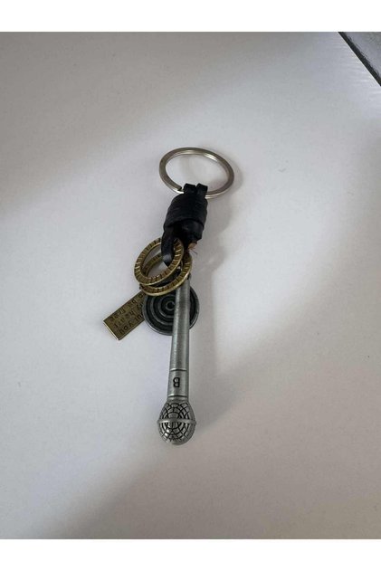 Real Leather Brown Microphone Patterned Silver Keychain – Stylish Gift